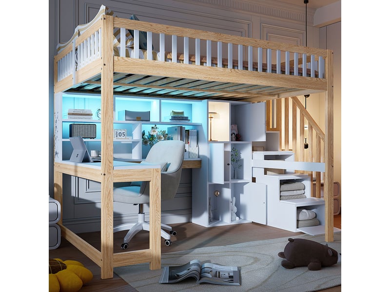  Lit mezzanine led 140 × 200 cm blanc et naturel avec bureau, escalier de rangement et étagères IKSETERA TRADING LTD - Conforama D