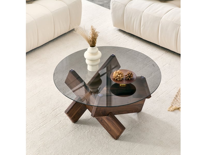  Table basse ronde avec plateau en verre trempé et mdf coloris noyer  - Conforama C