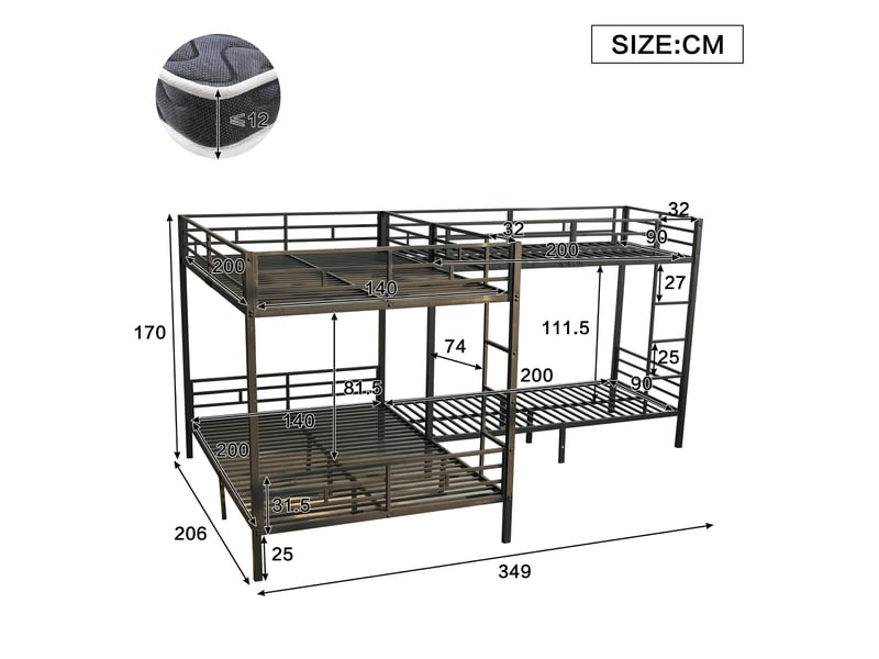  Lit superposé noir en fer 90x200 et 140x200 cm avec plusieurs couchages, échelle à 3 marches et sommiers métalliques  - Conforama C