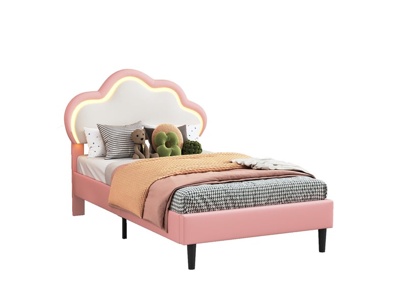  Lit simple 90 x 200 cm, lit enfant avec led, nuage en simili cuir, rose et blanc  - Conforama A