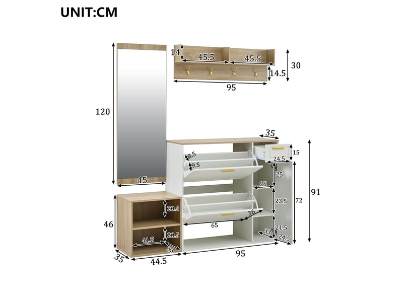  Meubles d'entrée avec meuble à chaussures, banc, panneau mural et miroir, rangement, blanc naturel, 139,5 × 35 × 166 cm  - Conforama D