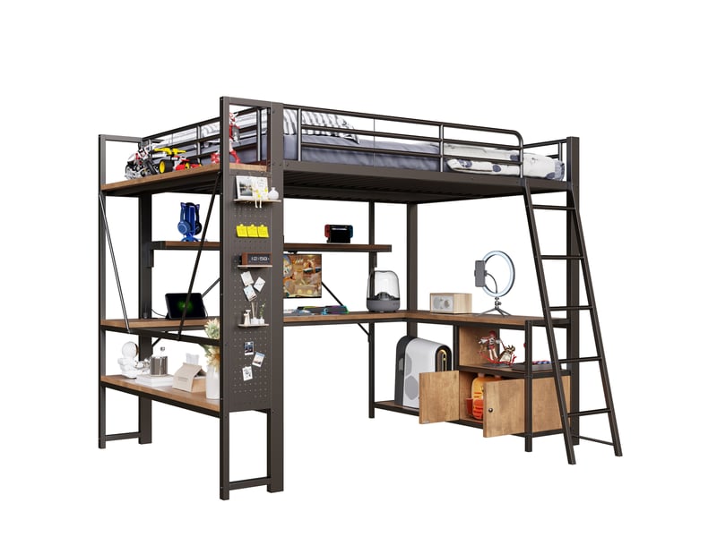 Lit mezzanine 140x200 cm avec bureau, led et rangements noir - Conforama A