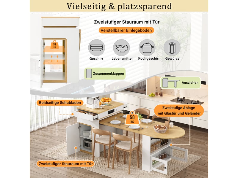  Îlot de cuisine extensible avec tiroirs, led et multiprise, blanc  - Conforama D