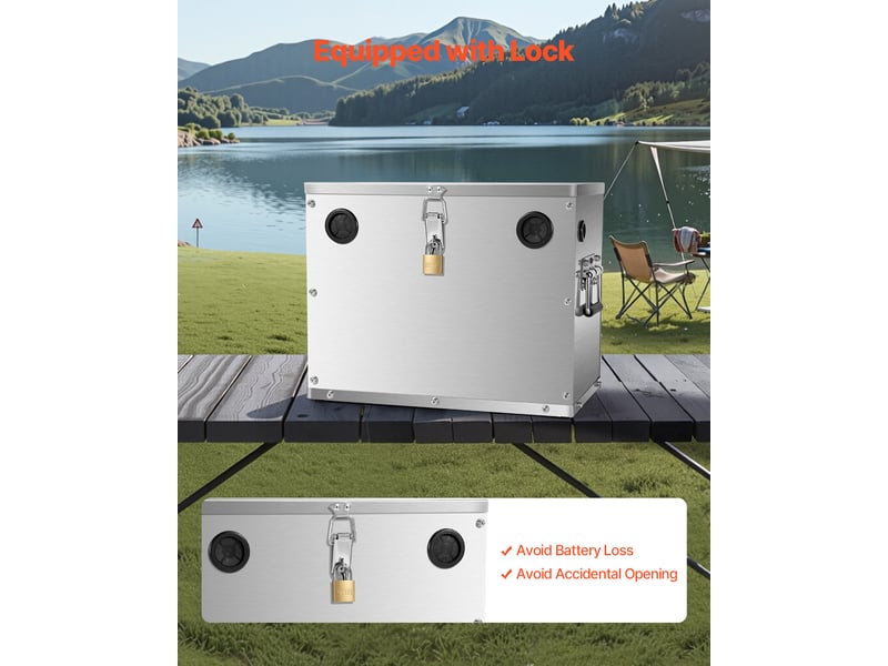  Vevor boitier a batterie, groupe 2431, coffre a batterie en acier inoxydable, avec serrures, poignees, passe-cables en caoutchouc, pour voitures, bateaux, camping-car, moteurs de peche a la traine  - Conforama E