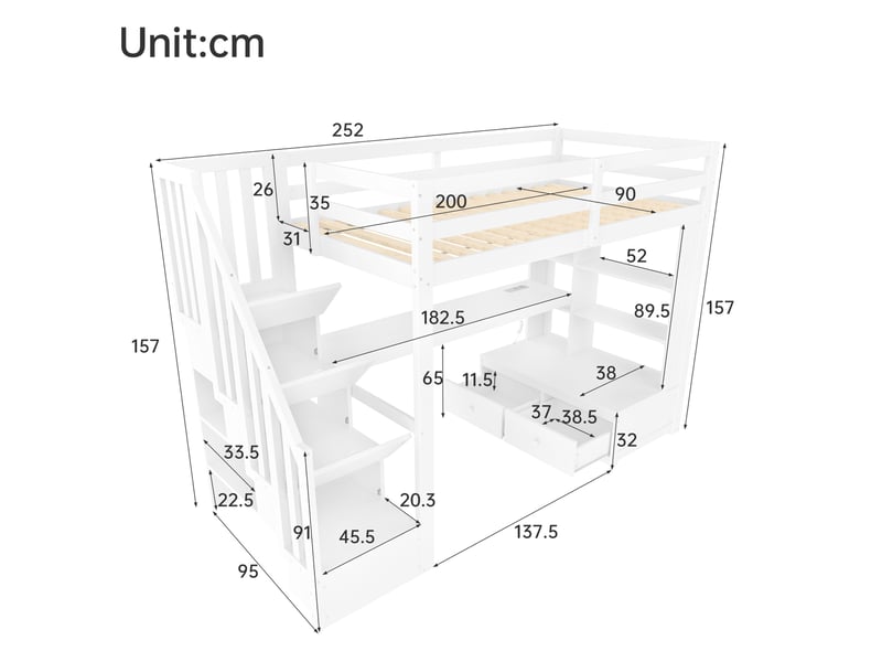  Lit mezzanine 90x200 cm avec bureau, étagères, tiroirs et escalier de rangement en mdf et bois blanc sans matelas  - Conforama C