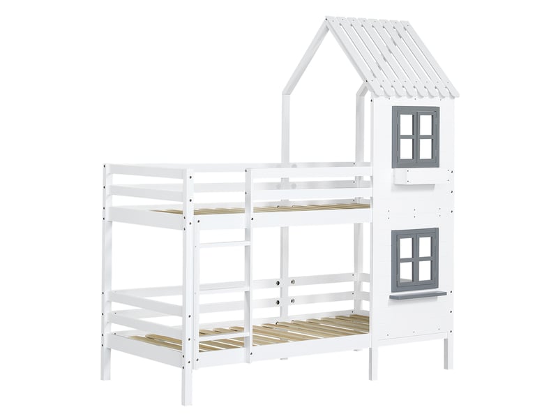  Lit superposé enfant 90x200 cm – blanc et gris – fenêtres ouvrantes, échelle avec main courante – sans matelas  - Conforama D