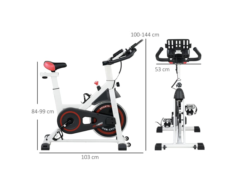 Vélo d'appartement avec résistance réglable, volant d'inertie de 8 kg, écran lcd, guidon et selle réglables, blanc - Conforama E