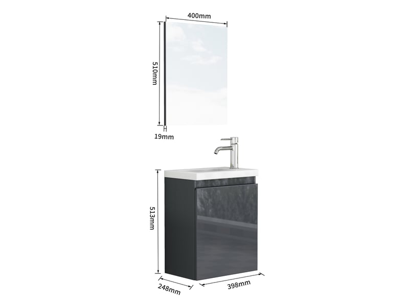 Meuble sous vasque mural avec lavabo en céramique et miroir, portes à fermeture douce, pour salle de bain, gris brillant - Conforama C