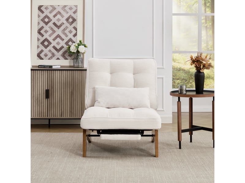 Fauteuils - fauteuil relax avec repose-pieds et coussin lombaire, dossier réglable, structure bois, revêtement velours côtelé, 127×73×90 cm - beige - Conforama C
