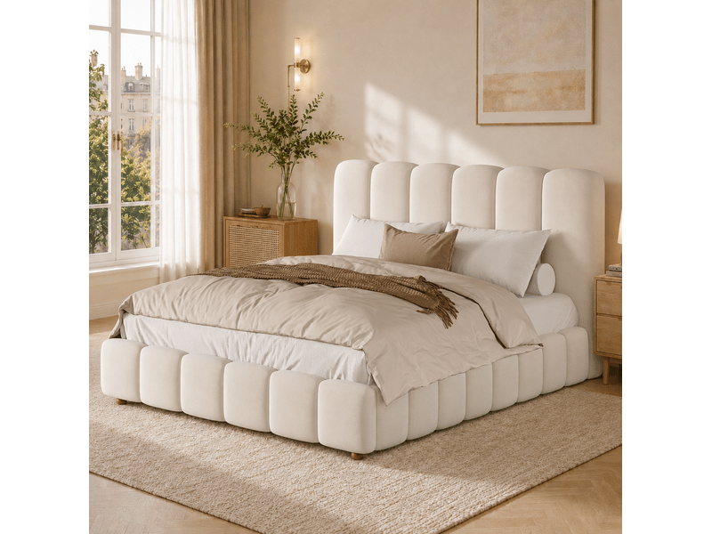  Lit coffre 140x190 cm hydraulique avec sommier à lattes, tête de lit rembourrée, velours beige, sans matelas  - Conforama B