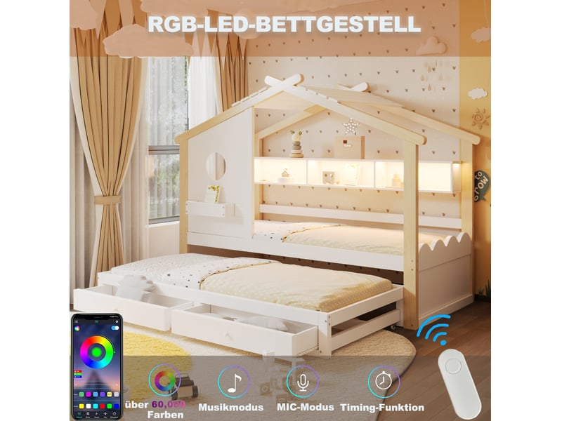  Lit enfant cabane avec lit gigogne, tiroirs, led et ports usb et type-c, en bois blanc et naturel  - Conforama E