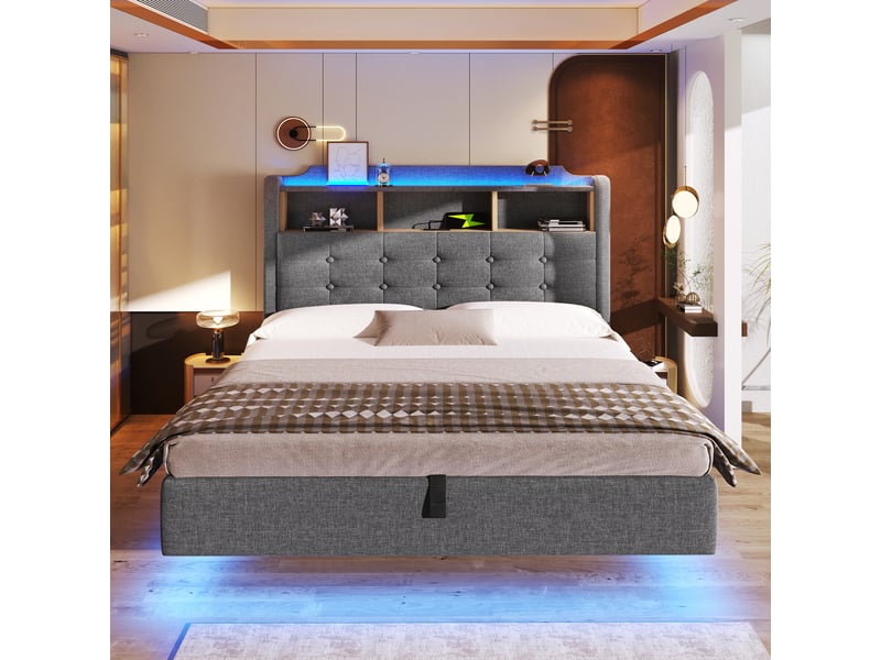  Lit capitonné 140 × 200 cm, gris, sans matelas, led, coffre hydraulique, usb type-c, lin  - Conforama C