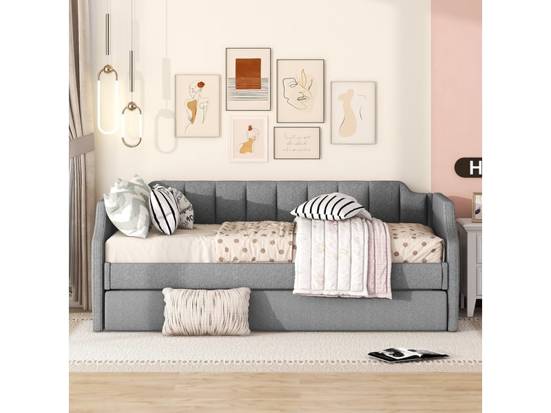  Lit banquette gigogne 90x200 capitonné gris avec lit d'appoint sur roulettes, tissu lin  - Conforama B