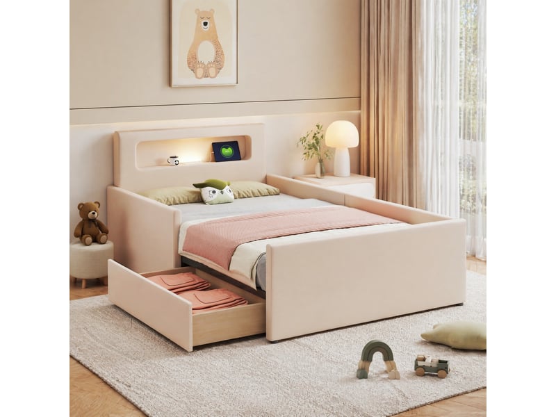  Lit enfant 200×90 cm avec tiroirs, veilleuse led et port usb, côtés surélevés, revêtement en similicuir beige  - Conforama B
