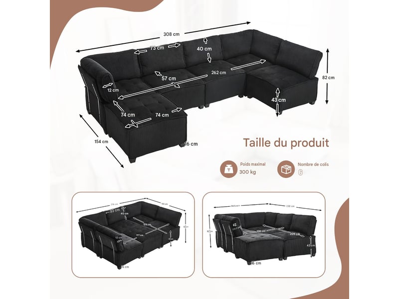  Canapé modulable 6 places en velours côtelé noir 308 cm W2845S00123 - Conforama C