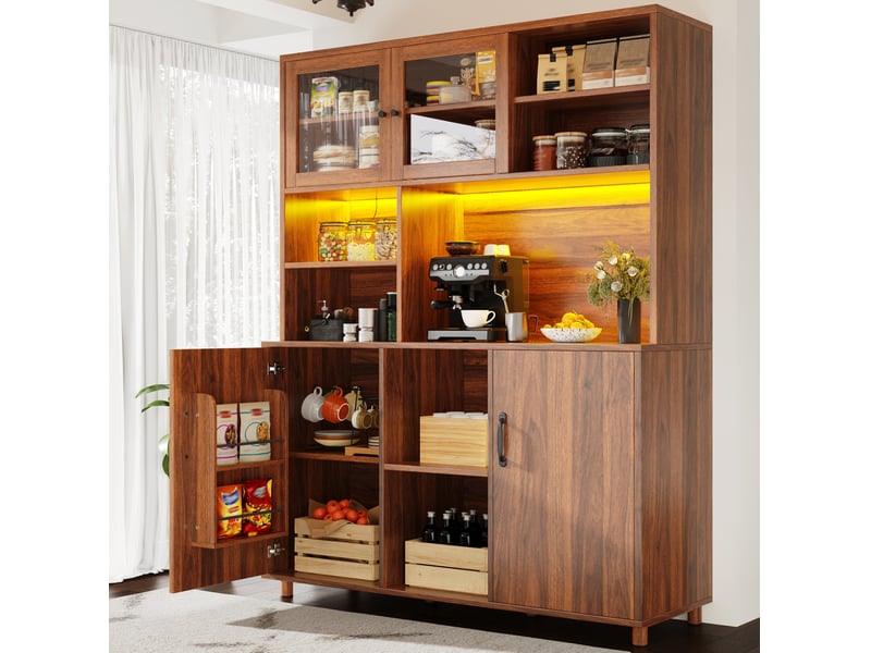  Buffet haut 140 x 40 x 185 cm avec led, portes coulissantes en verre, marron noyer  - Conforama D
