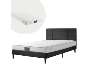 Lit double rembourré avec sommier, tête de lit en lin noir, matelas ressorts inclus 140x200 cm