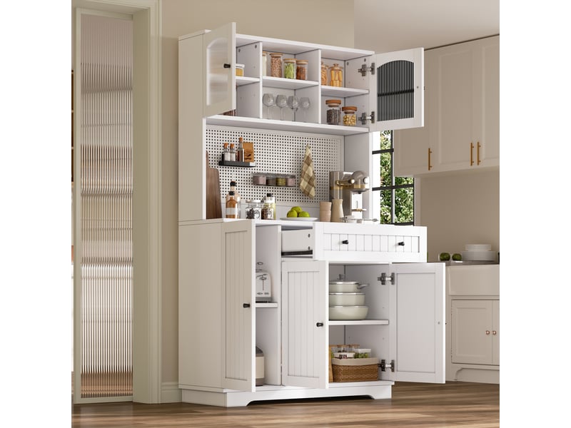  Buffet haut vitrine étagères réglables - lpospi - tiroir, panneau perforé, aggloméré blanc 103,5 × 40 × 180 cm  - Conforama C