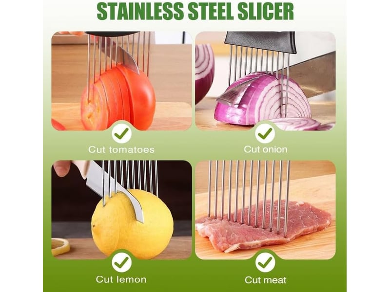  Porte-tranche d'oignon en acier inoxydable, trancheuse de citron, coupe-légumes, outil de tranchage de couteau de cuisine (1pcs)  - Conforama D