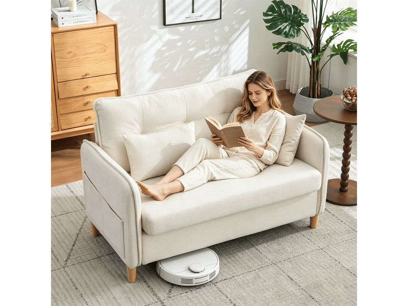  Canapé 2 places beige en tissu chenille, 127 cm, avec accoudoirs, coussins et poches latérales, pour salon moderne  - Conforama C