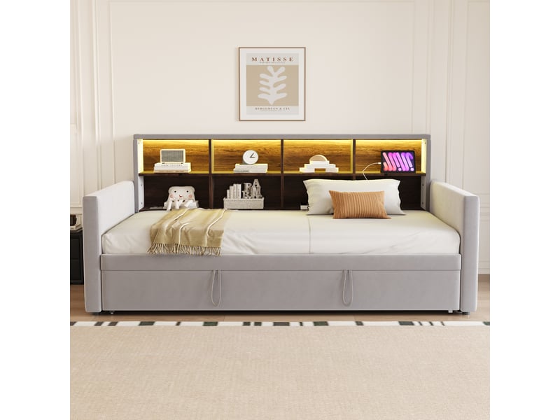  Lit banquette 90 x 190 cm, tête rangements, led, chargeurs, gigogne, velours gris clair  - Conforama B