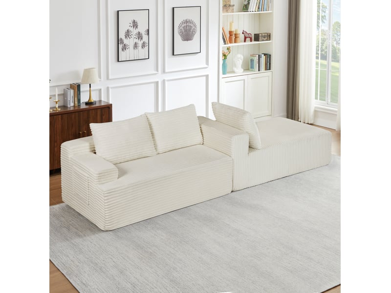  Canapé d'angle compressé en l 238x152x66 cm modulable 3 places, mousse et velours côtelé couleur beige, moderne  - Conforama E