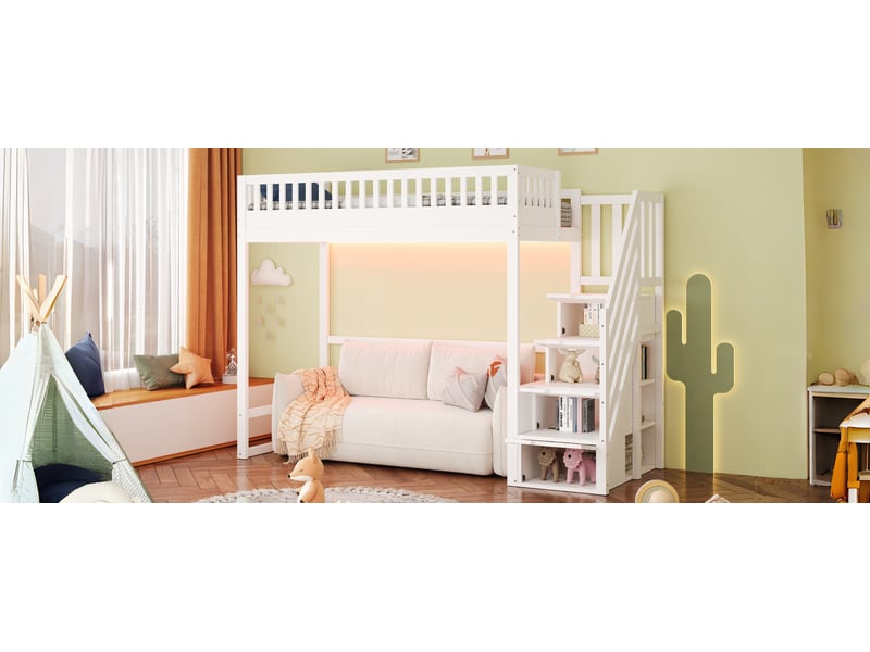 Lit superposé 90x200 cm blanc pin massif avec échelle réversible rangements intégrés et bandeau led Sol Morn - Conforama E