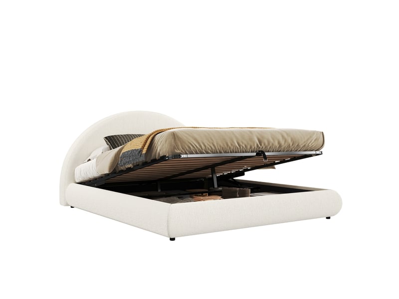 Lit coffre 160 × 200 cm 2 places avec rangement hydraulique, tête de lit rembourrée, sans matelas, bouclé blanc  - Conforama A
