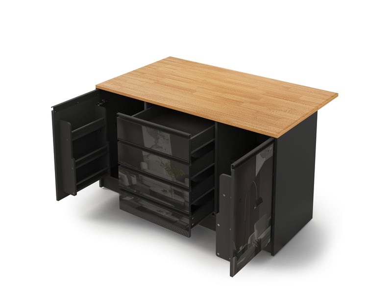  Îlot de cuisine 140x80x90 cm avec plan de travail escamotable, 4 tiroirs, 2 placards, mdf, noir et naturel  - Conforama E