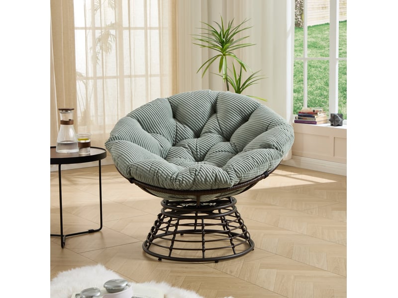  Fauteuil papasan pivotant 360° en résine tressée, coussin vert clair épais, 92 cm, pour salon et extérieur  - Conforama E