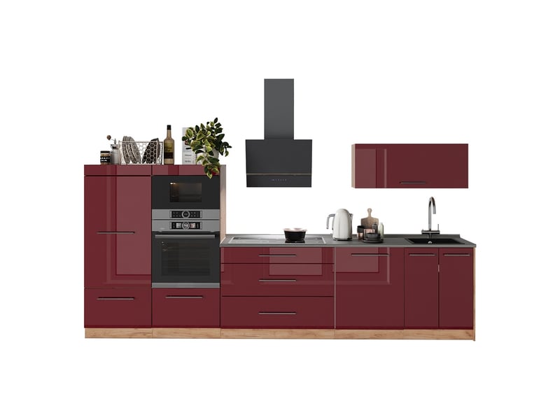  Vicco cuisine, rouge bordeaux haute brillancechêne de force doré, 340cm sans pt  - Conforama E