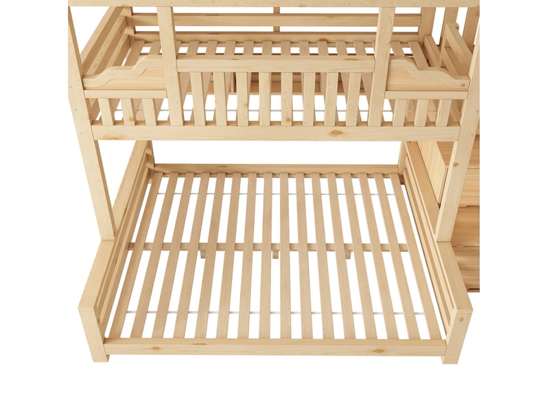  Lit superposé maison 90x200 + 140x200 cm escalier rangement, sommier à lattes, mdf, bois naturel sans matelas  - Conforama E