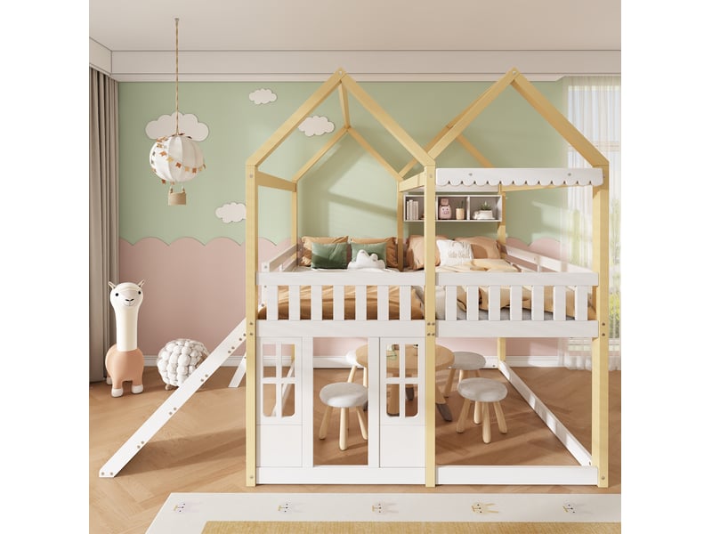  Lit surélevé ine enfant 90x200 cm blanc et coloris bois naturel avec toboggan  - Conforama D