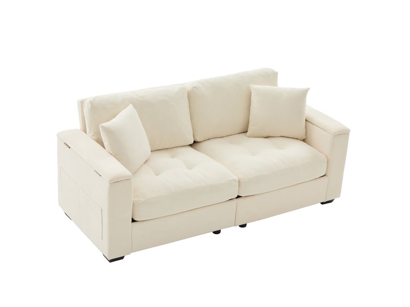 Canapé droit 2 places 180x81,5x84 cm, tissu chenille beige, rangement dans les accoudoirs, poches latérales, 2 coussins, mousse haute densité - Conforama A