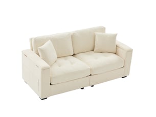 Canapé droit 2 places 180x81,5x84 cm, tissu chenille beige, rangement dans les accoudoirs, poches latérales, 2 coussins, mousse haute densité
