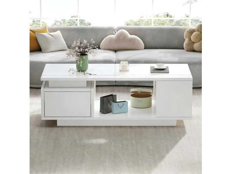 Table basse led avec tiroir et quatre rangements latéraux, finition brillante, pour salon, blanche, 100 × 50 × 36 cm - Conforama D