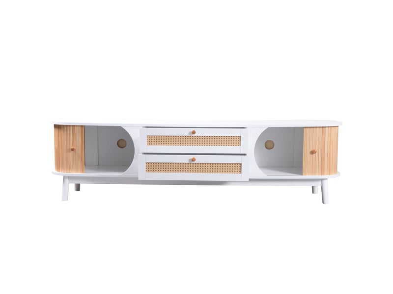  Meuble tv bas 180 cm en bois blanc et rotin – rangement avec portes et tiroirs – style champêtre  - Conforama A