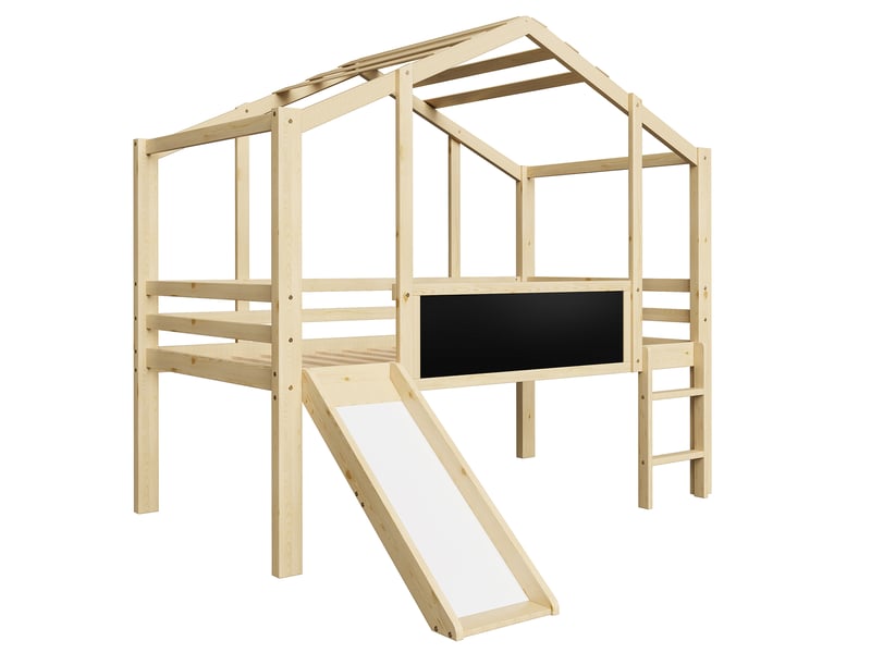  Lit mezzanine enfant en bois massif, lit simple avec toboggan, échelle et tableau, 200x90 cm, sans matelas  - Conforama E