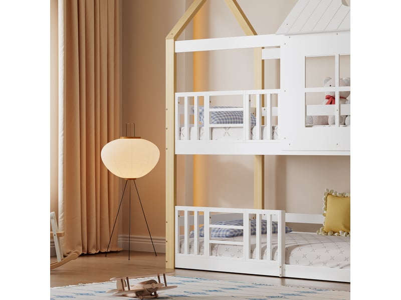  Lit étagé 90x200cm blanc et naturel, structure bois et mdf, escalier de rangement, fenêtres et toit  - Conforama C
