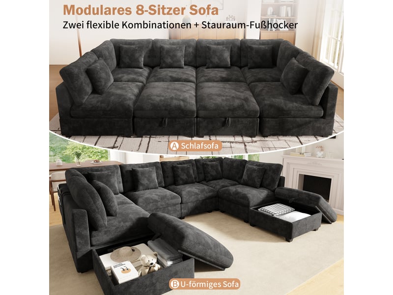 Canapé panoramique en u 8 places convertible avec rangements - modulaire, poches, chenille gris - Conforama E
