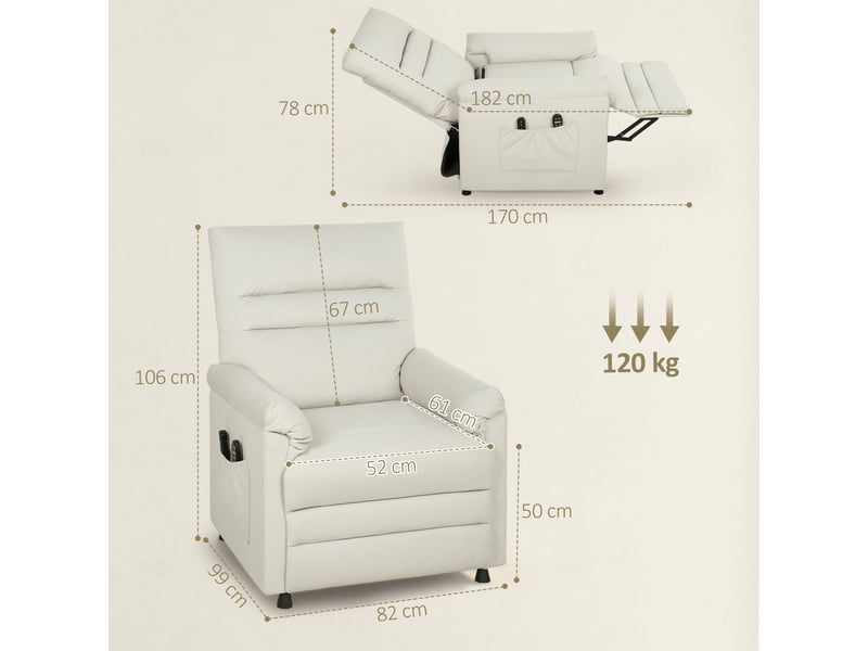  Fauteuil massant chauffant inclinable poches rangement port usb intégré velours grège  - Conforama C