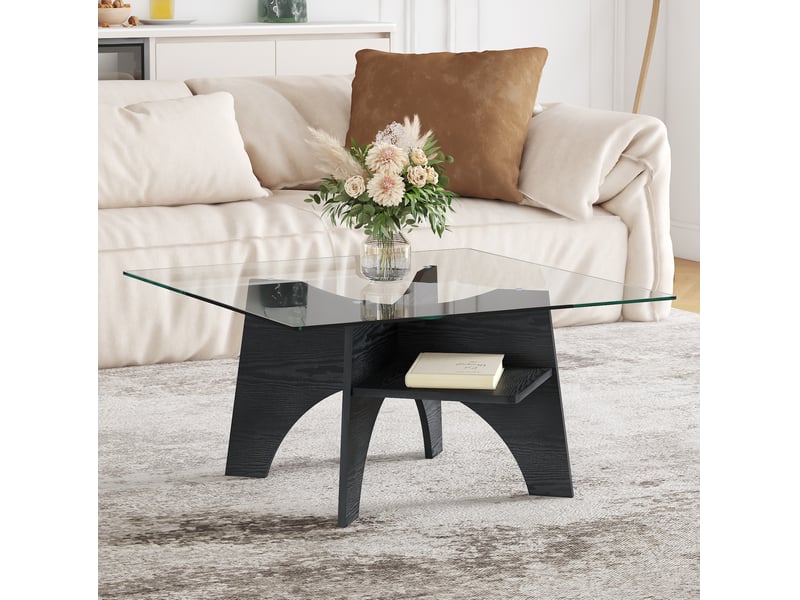 Table basse carrée en verre de sécurité avec structure en mdf noir, style moderne pour salon, bureau et salle à manger - Conforama B