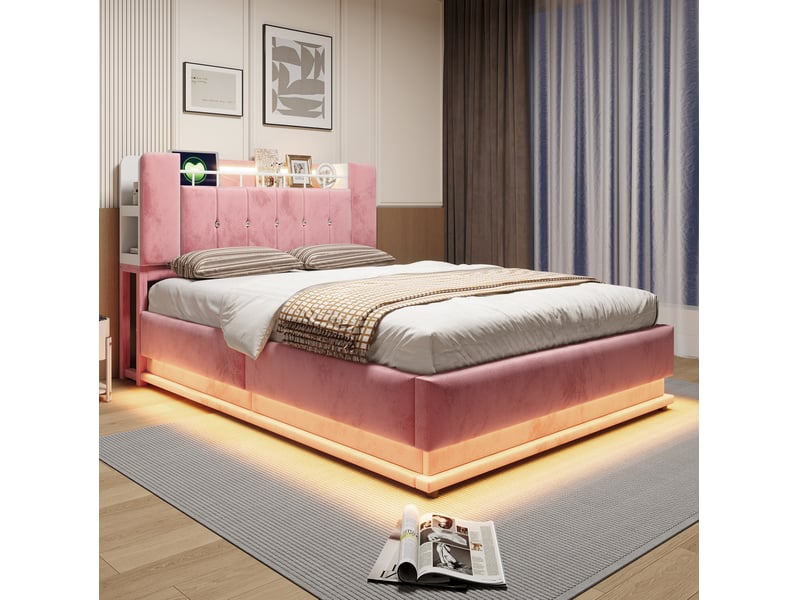 Lit coffre 140 × 200 cm 2 places avec led, usb et rangement hydraulique, sans matelas, en velours rose - Conforama C