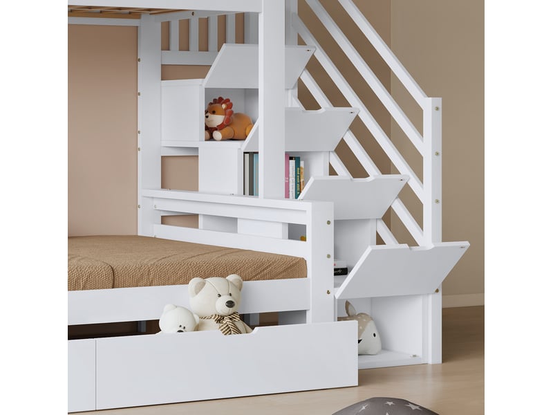  Lit superposé enfant 90x200 et 120x200 cm, 2 tiroirs, escalier, blanc et naturel  - Conforama E