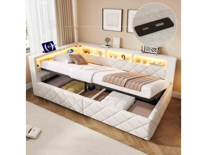  Lit banquette coffre 90x200 cm en lin avec rangement hydraulique, led, usb, tête de lit avec étagères, lit simple rembourré - beige  - Conforama D