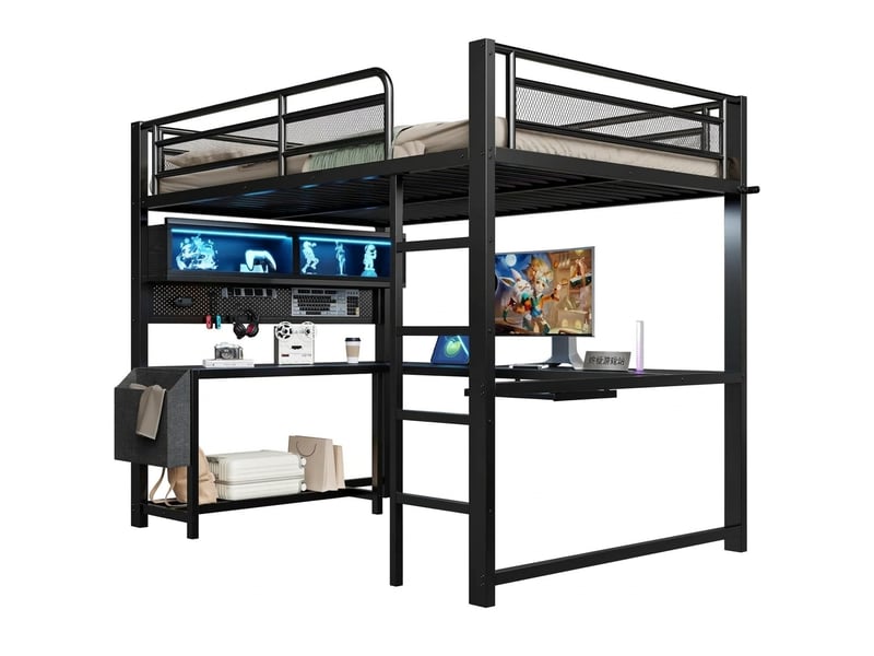  Lit mezzanine gamer 140x200 avec bureau intégré, led et station de charge, noir  - Conforama A