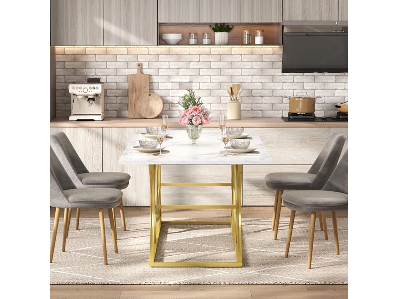  Table à manger 200x80x76 cm, 8-10 pers, plateau effet marbre(non marbre), pieds métal réglables, mdf, blanc et doré  - Conforama W