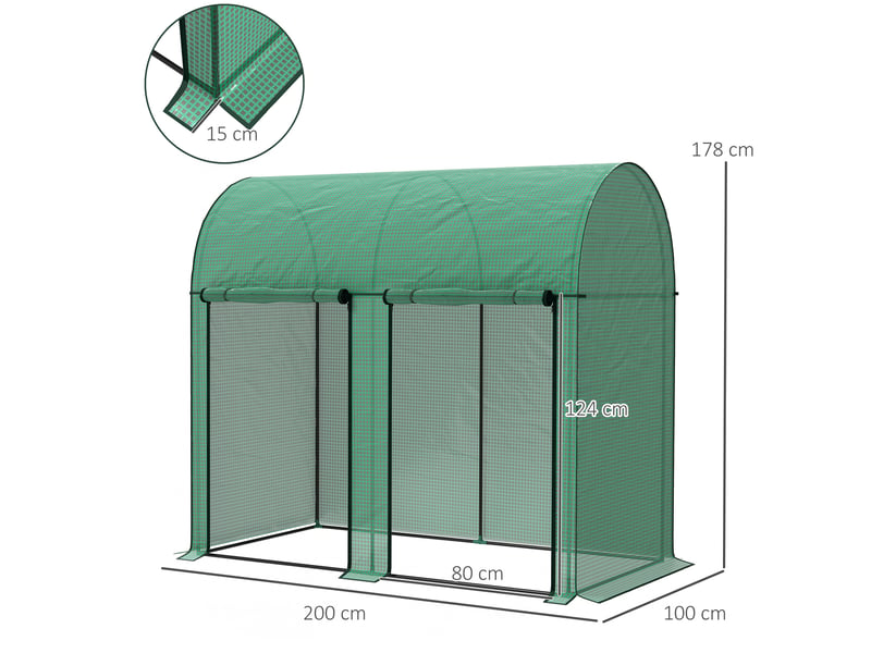 Serre d'extérieur avec 2 portes enroulables à fermeture éclair, structure en acier et bâche en pe, 200 x 100 x 178 cm, verte - Conforama E