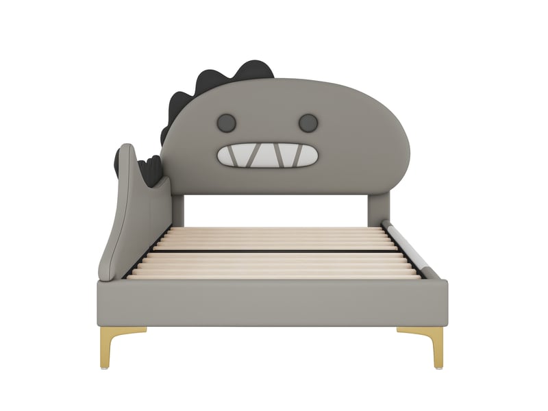  Lit enfant 90x200 cm en pu et mdf, forme dinosaure cartoon, tête ludique et entretien facile, gris, sans matelas  - Conforama D