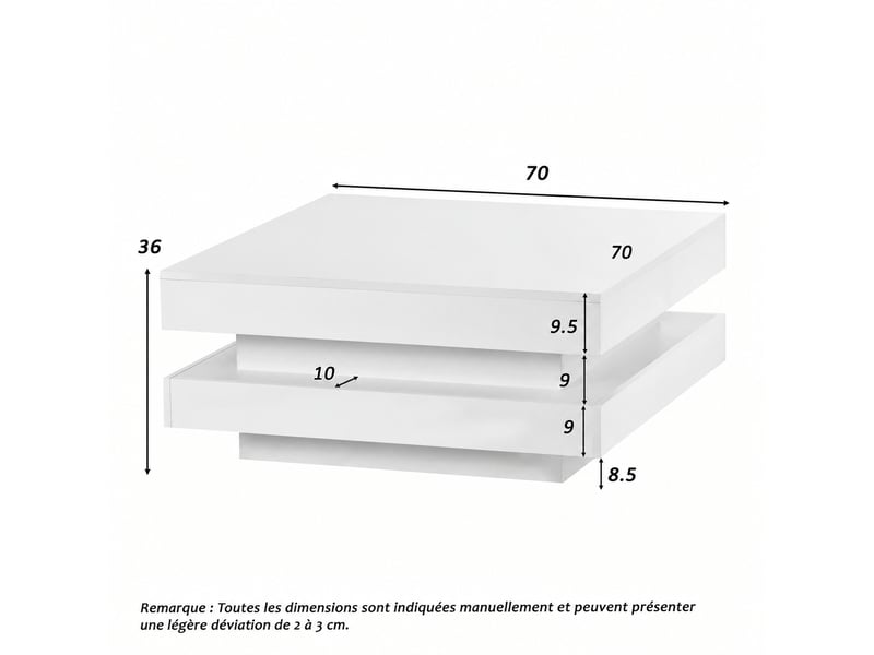Table basse carrée blanche avec led bluetooth, 70 x 70 x 36 cm - Conforama C